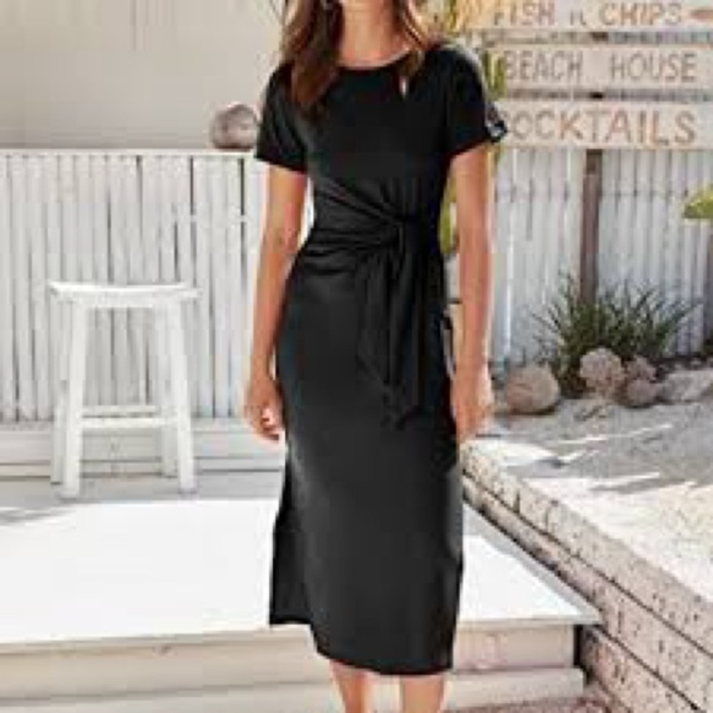 Classic Black Tie-Waist Midi Dress New Size‎ Small